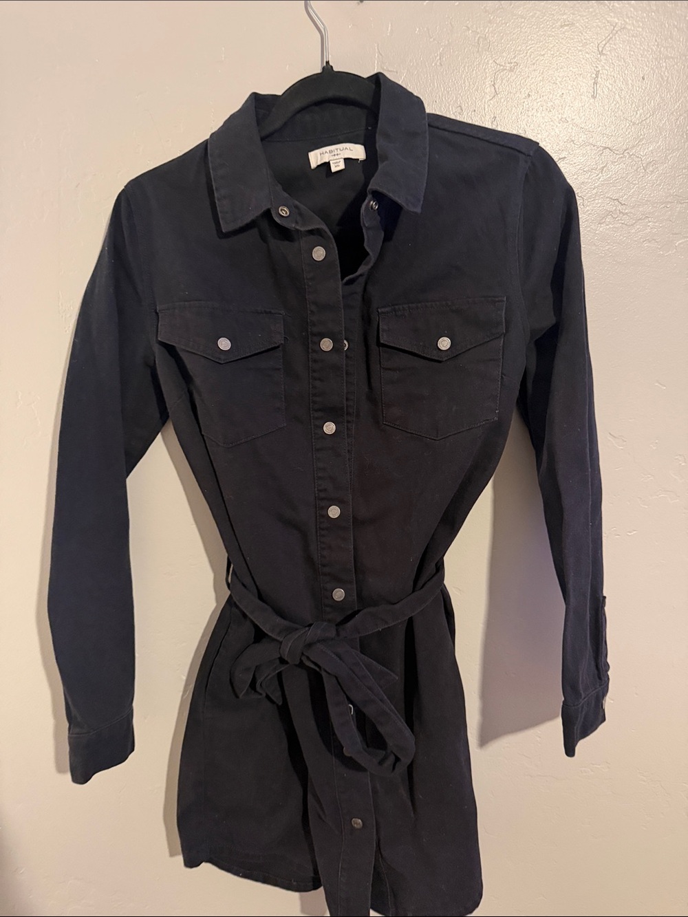 Habitual Black Button-Front Long Sleeve Shirt Dress with Tie Waist